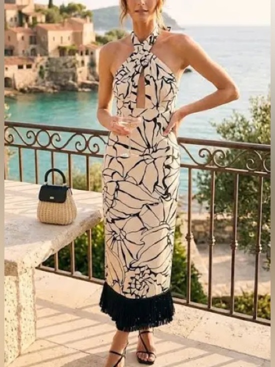 ANTONIO MELANI Dresses & Skirts - Antonio Melani x M.G. Style Sommers Halter Linen Shell Print Fringe Dress Sz 8